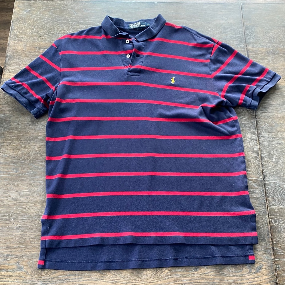 2/$30 Polo Ralph Lauren navy red striped polo mens large